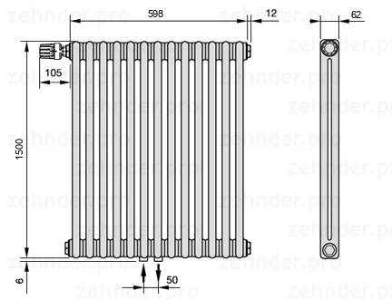 Схема (чертеж) Радиатор Zehnder Charleston 2150/13 №V007 Белый глянцевый RAL 9016